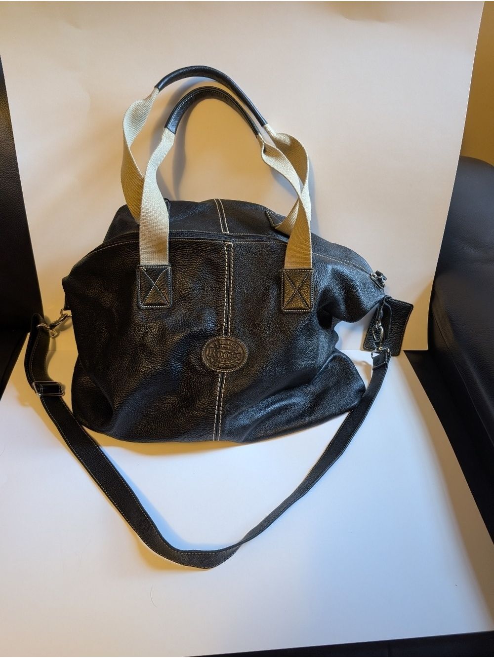Roots Large Black Leather Shoulder Bag with Canvas Straps